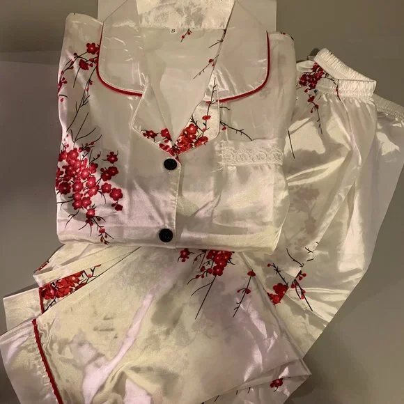 White Floral Satin PJ's Pyjama Set - Picture 6 of 8